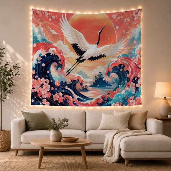 Crowned Crane Flight with Wings Fully Extended Predominantly, Mystical Fantasy for Space Lovers, Galaxy Room Decor, Mother'S Day Gift, Tapestry Wall Hanging for Bedroom and Dorm