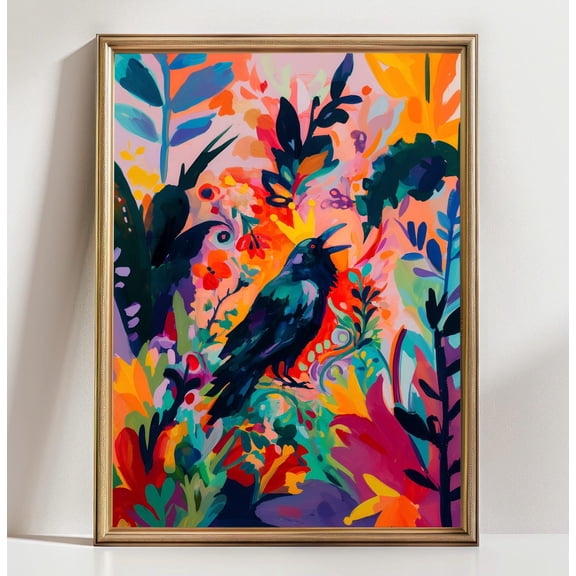 Crowned Crow Wall Art Colorful Bird Whimsical Botanical Raven Print