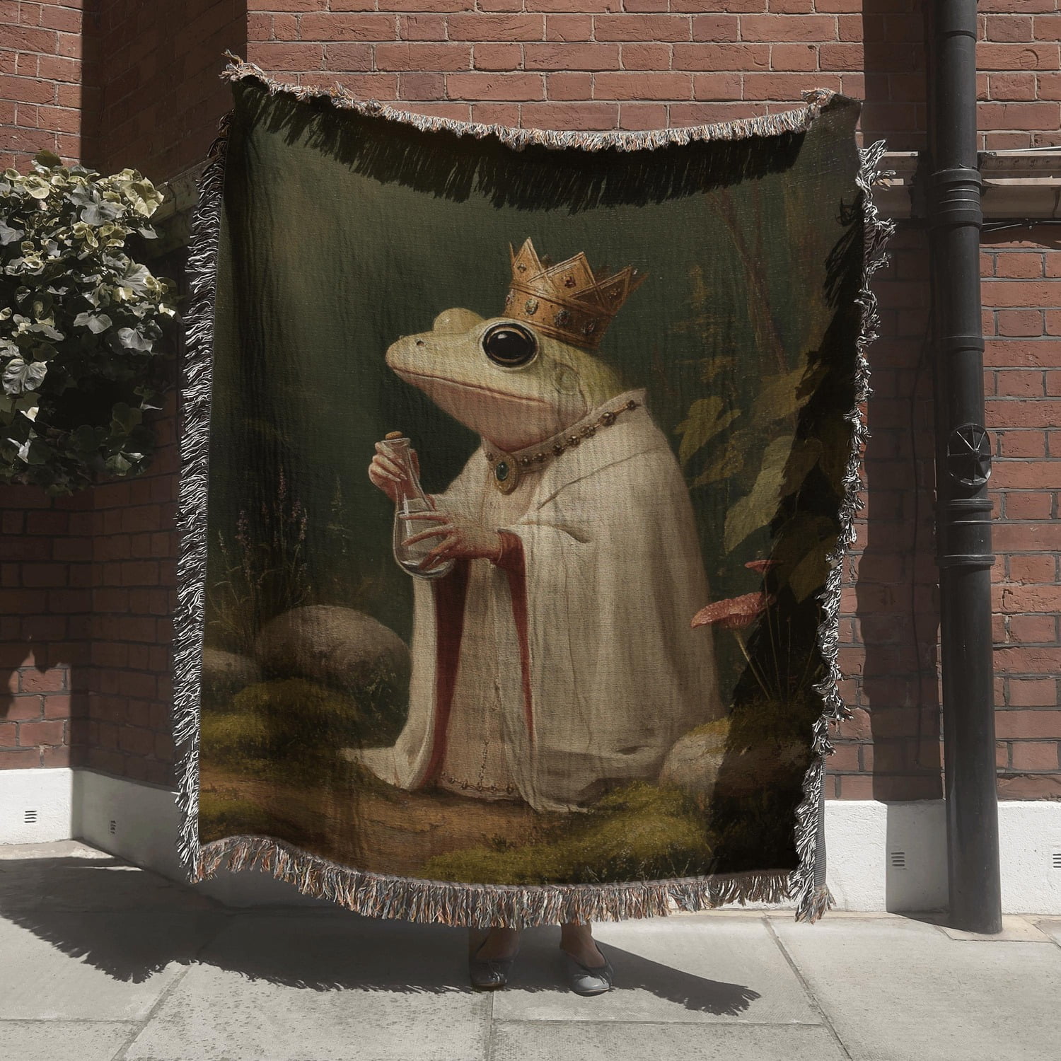 Crowned Frog King in Royal Robe Dark Green Woven Throw Blanket, 100% ...