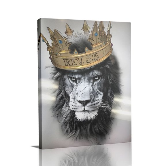 “Crowned Lion with ‘REV. 5:5’ Scripture” Spiritual Canvas Wall Art Ready to Hang for Living Room and Bedroom