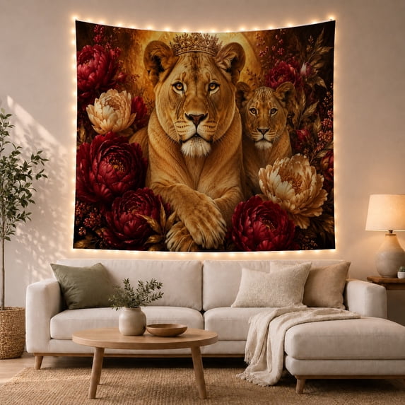 Crowned Lions Among Red Flowers Against Gold, Serene Digital Art for Wildlife Fans, Regal Animal Decor, Housewarming Gift, Tapestry Wall Hanging for Living Room and Den