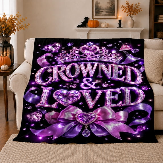 Crowned Loved Crown Jeweled Lettering Royalty Princess Glam, Festive Holiday Scene, Warm Flannel Blanket for Living Room and Reading Nook, Art Lovers Friendship Gift, Festive Home Decor
