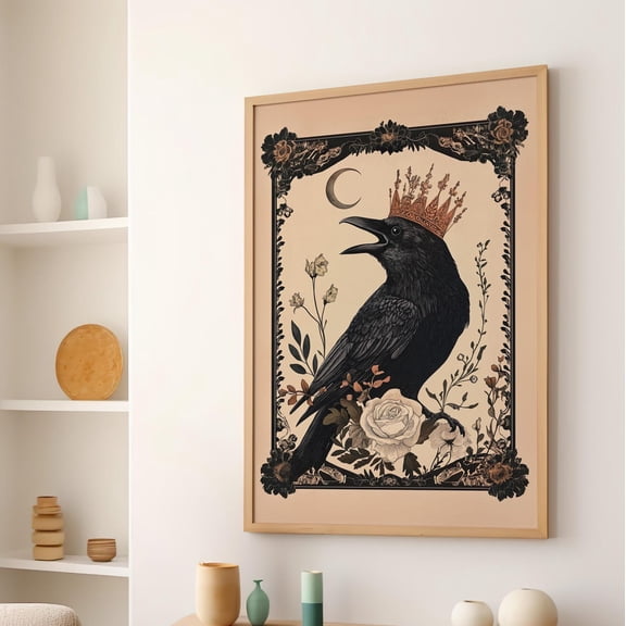 Crowned Raven Folk Art Wall Art, Dark Academia Botanical Decor, Unframed Paper Print Size 16x24