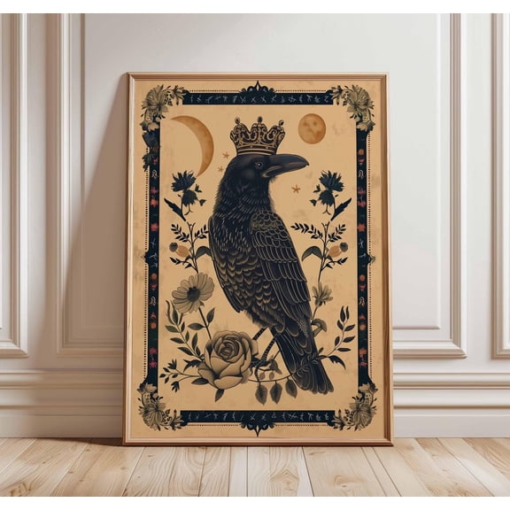 Crowned Raven Poster Gothic Crow Wall Art Print Mystical Moon Floral Decor Occult Bird Ill