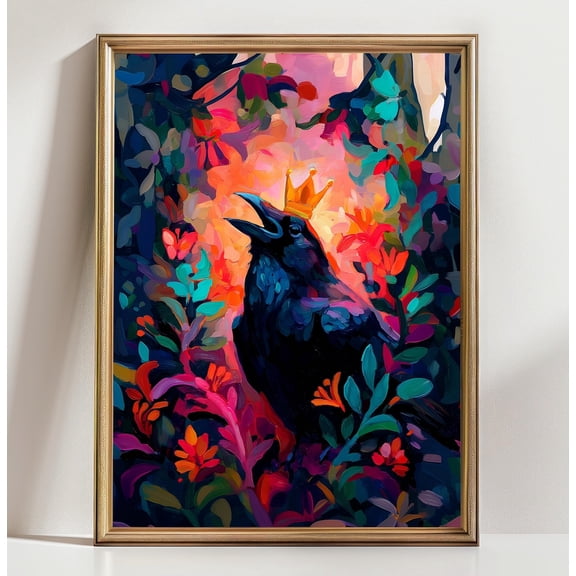 Crowned Raven Wall Art Print Mystical Bird King Dark Fantasy Crow Artwork Gothic Nature Decor Colorful Raven Illustration