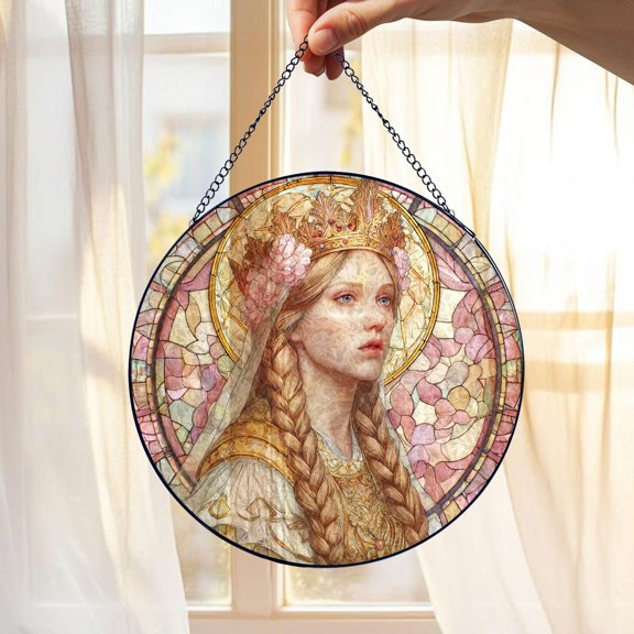 Crowned Saint Maiden Glass Suncatcher, Sacred Window Hanging Christian Religious Elegant Faith, 3.5 in