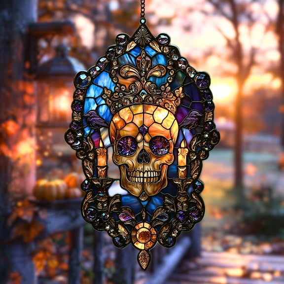 Crowned Skull Faux Stained Glass Suncatcher, Ornate Acrylic Window Hanging With Gemstones And Candles, Gothic Gift For Halloween