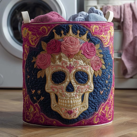 Crowned Skull Quilted Laundry Basket, with Handles, Foldable Clothes Hamper for Bedroom Storage