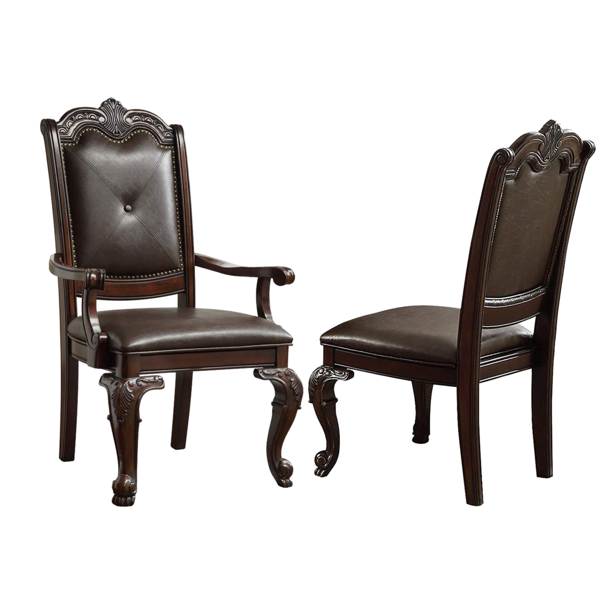 Crowned Top Wooden Side Chair with Leatherette Seating, Set of 2, Dark Brown- Saltoro Sherpi