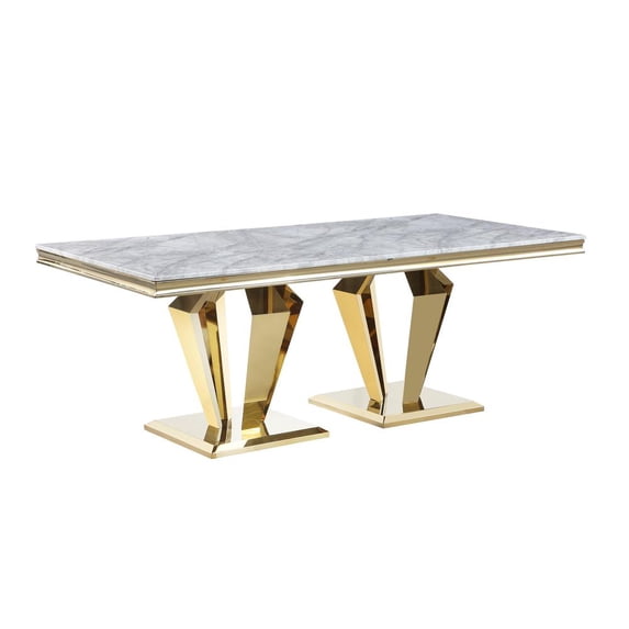 Crownie Gold Faux Marble Pedestal Rectangle Dining Table (Seats 6)
