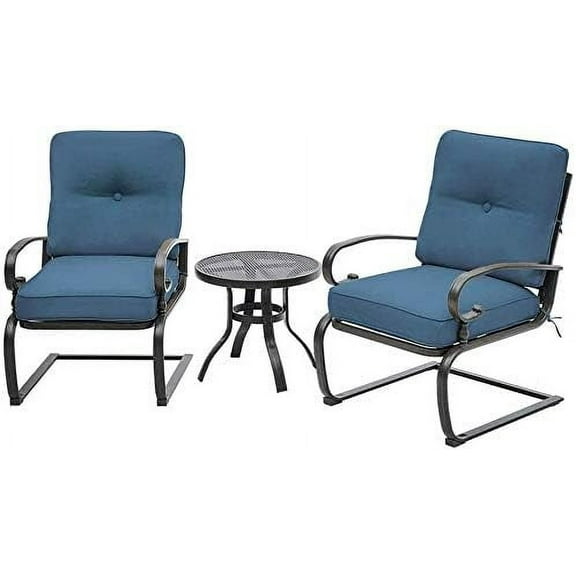 Crownland 3-Piece Patio Bistro Set, Modern Wrought Iron & Olefin Cushioned Chairs & Table, Peacock Blue