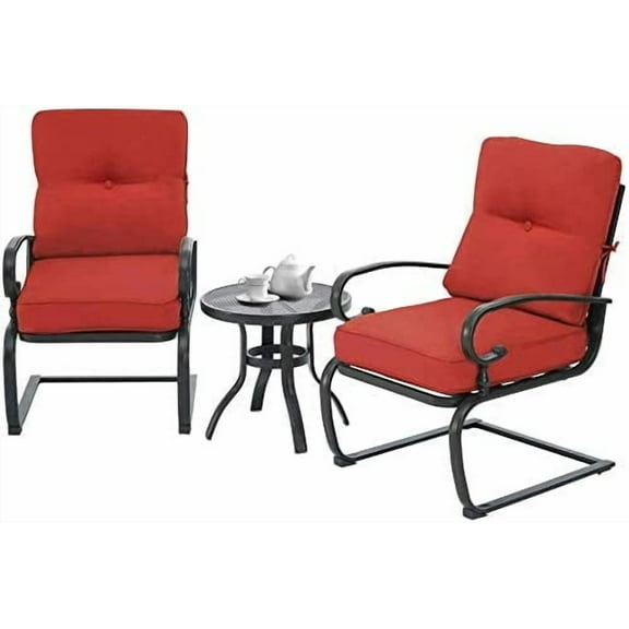 Crownland 3 Piece Patio Furniture Outdoor Bistro Set Metal Action Lounge Cushioned Chairs and Bistro Round Table Set, Wrought Iron Cafe Furniture Set,Red
