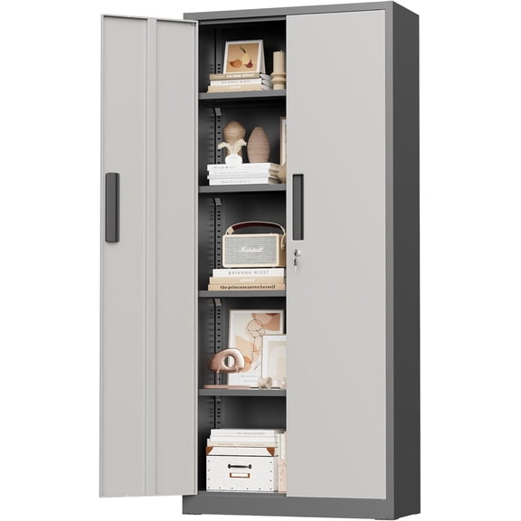 Crownland 63" Metal Storage Cabinet, Lockable Garage Storage Cabinets, High Office Cabinet with Adjustable Shelves for Garage, Home Office, Pantry, File(Grey & Light Grey)