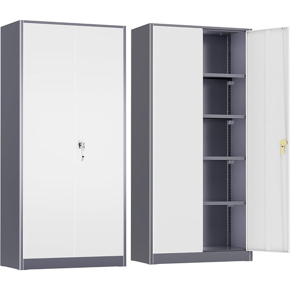 Crownland 72" Lockable Metal Storage Cabinet, Garage Storage Cabinets, High Office Cabinet with Adjustable Shelves for Garage, Home Office,Pantry, File(Grey White)