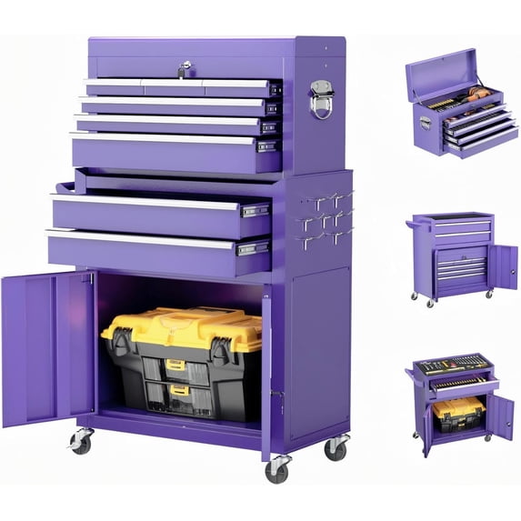 Crownland 8-Drawer Rolling Tool Chest with Wheels, Lockable 2 in 1 Detachable Tool Cabinet wit Drawers and Side Hooks, Garage Top Toolbox & Bottom Storage Cart(Purple)