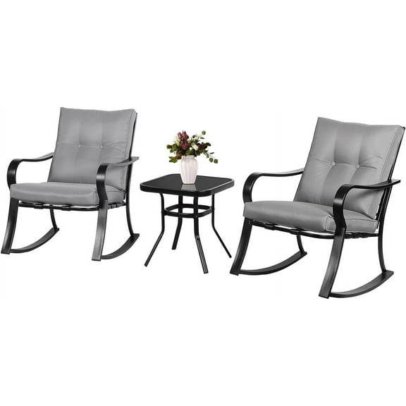 Crownland Outdoor Rocking Chairs Patio Furniture 3 Piece Patio Set Bistro Table Set Black Iron with Thickened Cushions and Glass Coffee Table, Grey