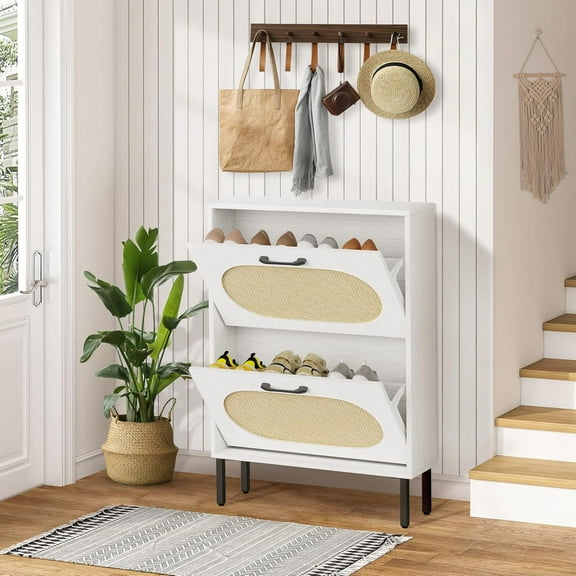 Crownland Shoe Cabinet, Shoe Storage Cabinet with 2 Flip-Out Drawers, Modern Two-Tier Shoe Rack Cabinets for Entryway, Hallway, Living Room(White)