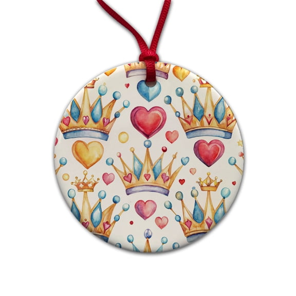 Crowns Royalty Tiaras Hearts Watercolor Christmas Tree Holiday Round Ceramic Ornament