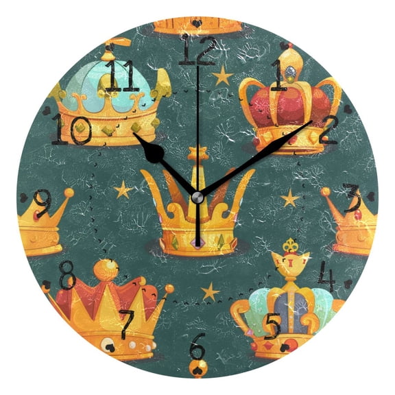 Crowns and Stars Cartoon Round Wall Clock Silent Analog Battery Operated Black Pointer Home Decor 9.84" Diameter