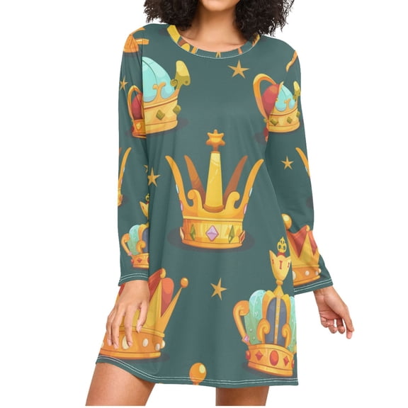 Crowns and Stars Cartoon Women's Long Sleeves Nightgowns Sleepwear Soft Pajama A-line Sleep Dress XXXL