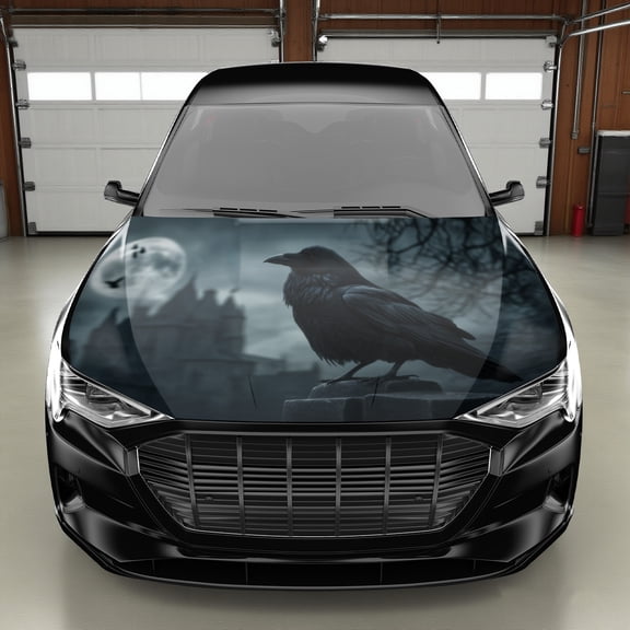 Crows And Castles Gothic Car Hood Wrap Sticker- Self-Adhesive Waterproof PVC Decal with Lifelike Crow& Castle Design, Scratch-Resistant Engine Cover Decoration for Trucks, Cars, SUVs- Easy Applicatio