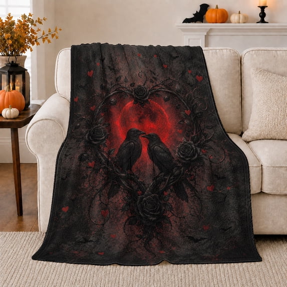 Crows Facing on Branch with Red Moon, Gothic Romantic Style for Gothic Art Lovers, Cozy Thorned Rose Scene, Flannel Blanket for Bedroom and Reading Nook, Halloween Gift and Gothic Home Decor