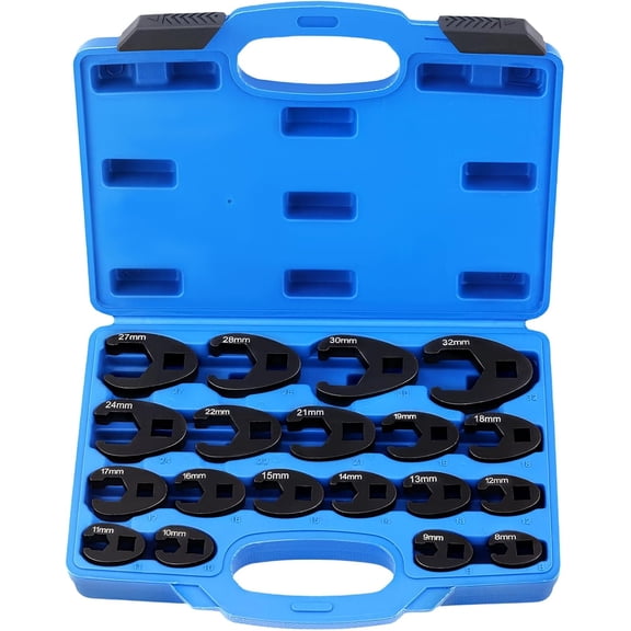 Crows Foot Wrench Set 1/2" and 3/8 Drive Flare Nut Crowfoot Set, 19 Pcs 8-32 mm 6 Point Crows Feet Wrenches, Large & Small Metric Flare Nut Tool Kit for Nut Removal and More