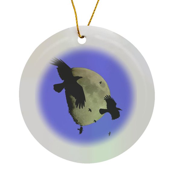 3drose, Crows in Flight Silhouetted Against a Large Moon Vector Art, Circle Porcelain Ornament