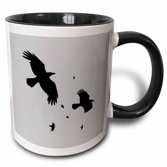 3drose, Crows or Ravens in Flight Minimalist Silhouette, 11oz Two-tone Black Mug