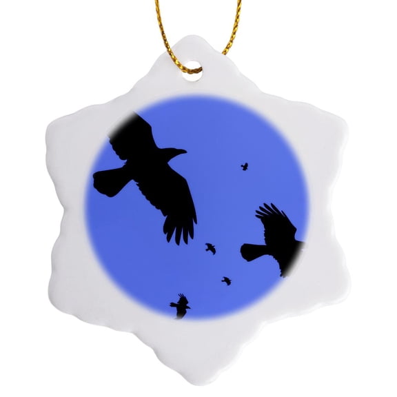 3drose, Crows or Ravens in Flight Minimalist Silhouette, 3 inch Snowflake Porcelain Ornament