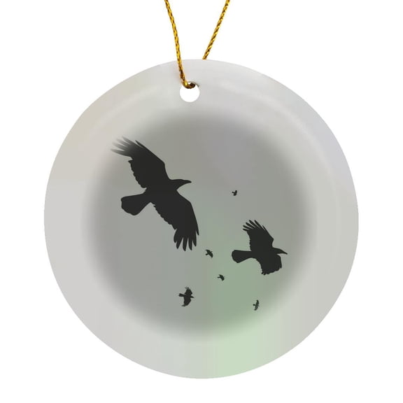3drose, Crows or Ravens in Flight Minimalist Silhouette, Circle Porcelain Ornament