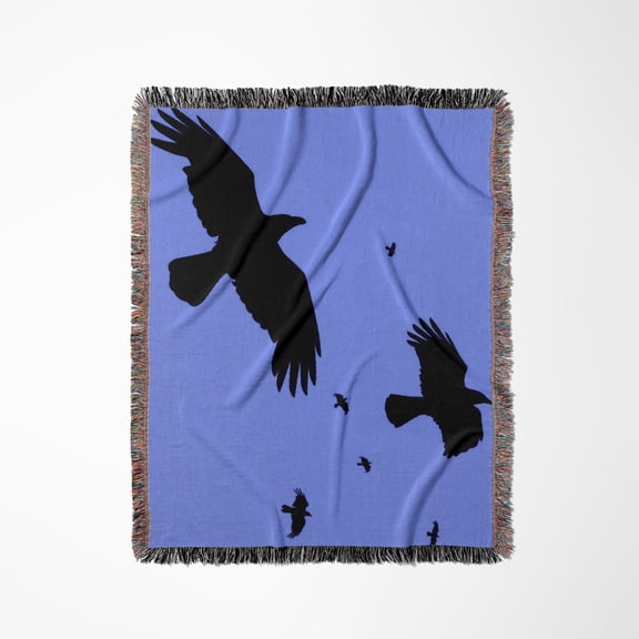 Crows Or Ravens In Flight Minimalist Silhouette, Woven Blanket