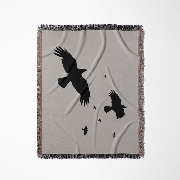 Crows Or Ravens In Flight Minimalist Silhouette, Woven Blanket