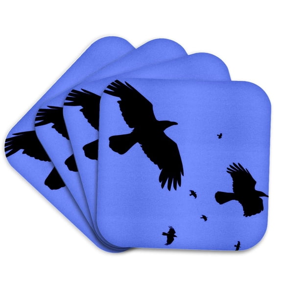 3drose, Crows or Ravens in Flight Minimalist Silhouette, Set of 4 Coasters - Soft