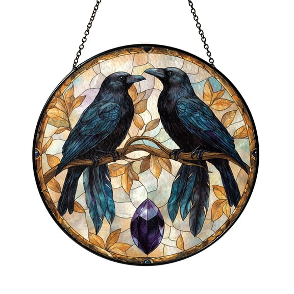 Crows Stained Glass Style Suncatcher Window Hanging, Gothic Raven Inspired Decor Panel for Dark Academia Home Accent