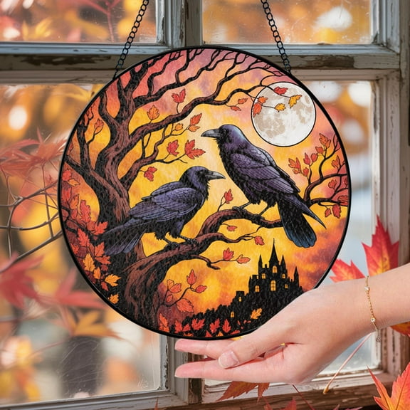 Crows Sun Catcher, Crows Stained Acrylic Window Hanging, Crow Raven Halloween Fall Christmas Decor for Home Coffee