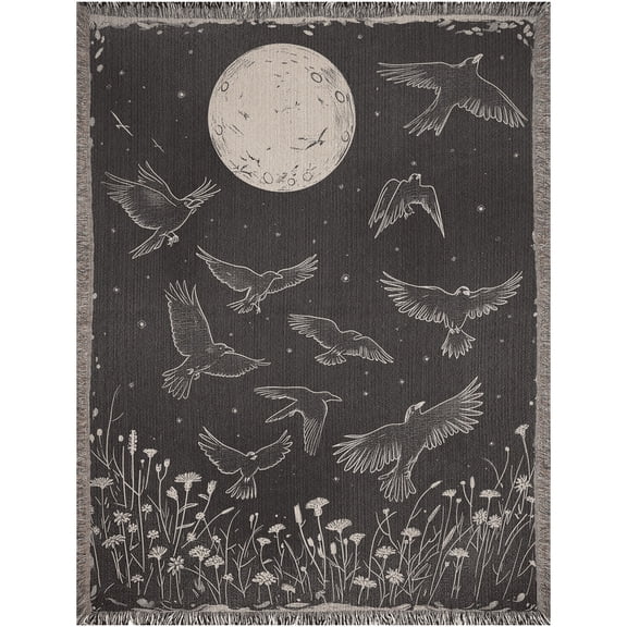 Crows in the Moonlight Woven Throw Blanket, 100% Cotton, Fringed Edges
