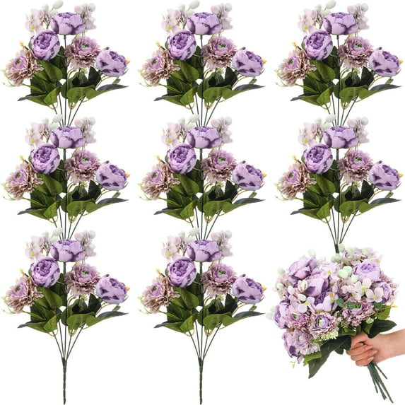Crowye 8 Bouquets Wedding Silk Peony Hydrangea Flowers with Stems Elegant Faux Vintage Artificial Flowers for Decoration for DIY Table Party Decor Centerpieces Home(Purple) C91