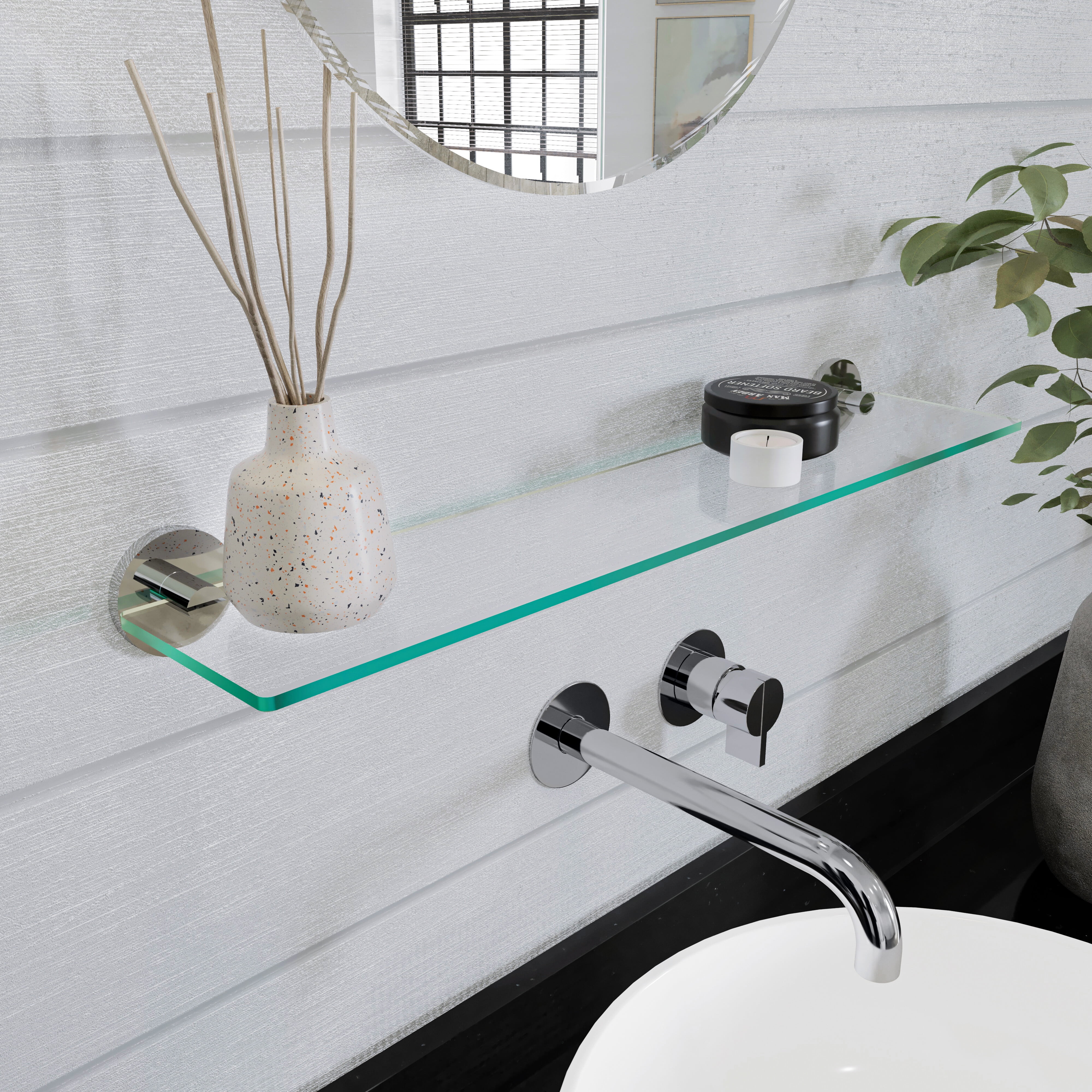 Croydex Epsom Flexi-Fix Screw or Glue Bathroom Glass Shelf with Chrome Fixings (23.2in)