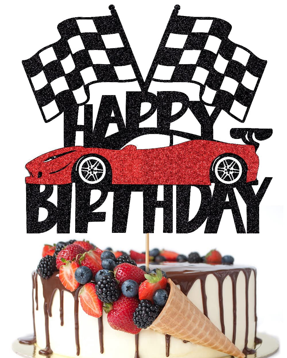 "Two Fast" Race Car Cake Topper - Black Glitter Number 2 For 2nd Birthday Party Decor