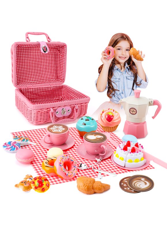 Crtynell Tea Party Set for Little Girls, 30 Pcs Picnic Basket Set with Carry Case, Teapot, Tea Cup, Dessert & Table Cloth, Pretend Play Toy Gifts for Kids 4 5 6 Year Old (Pink)