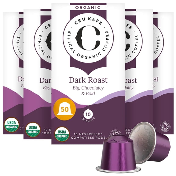 Cru Kafe Dark Roast USDA Organic Espresso Coffee Capsules (50 Pods) Fairtrade Coffee Pods Compatible with Nespresso Original Line and Pixie Machines