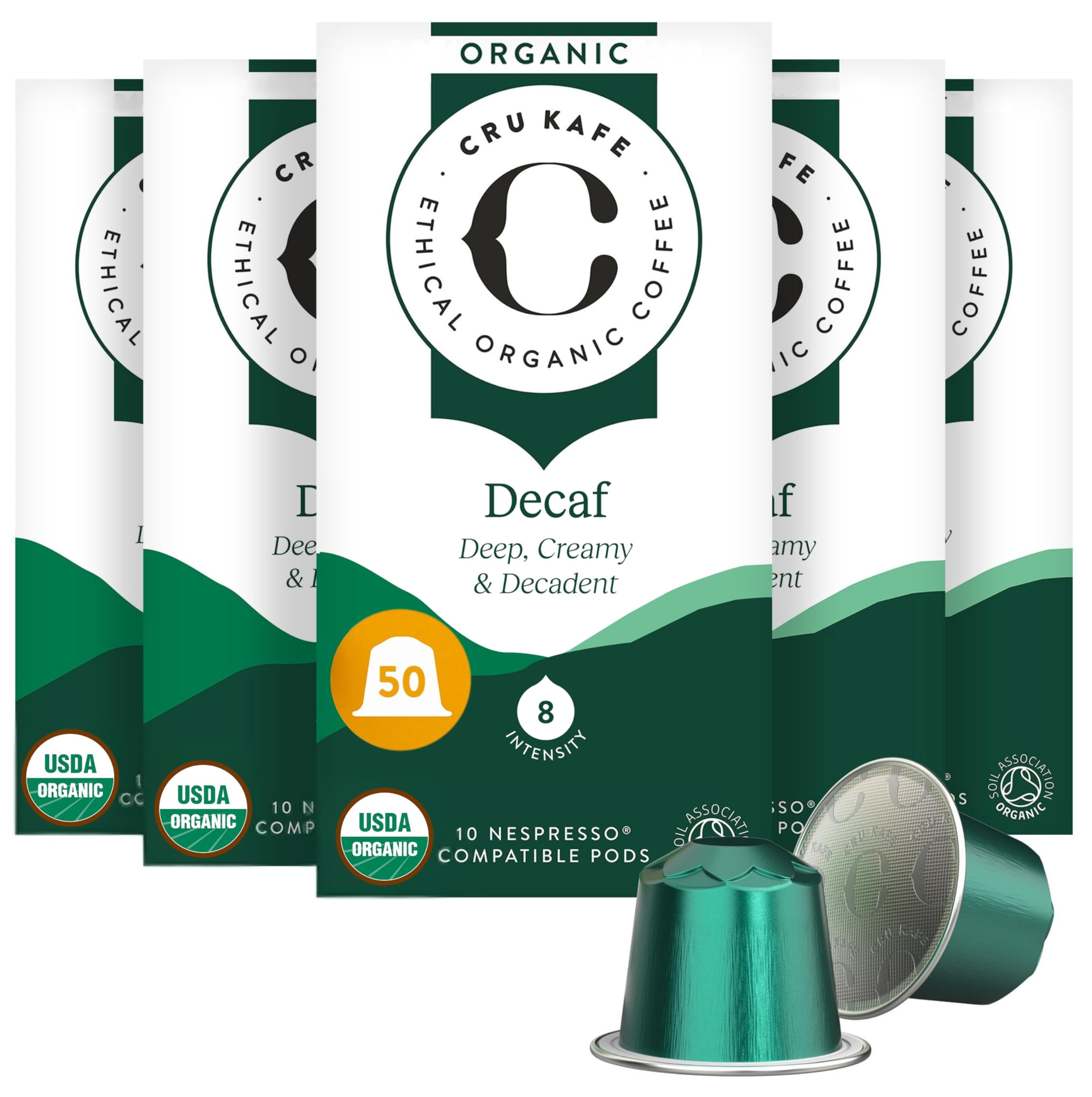 Cru Kafe Decaf USDA Organic Espresso Coffee Capsules (50 Pods) Fairtrade Coffee Pods Compatible with Nespresso Original Line and Pixie Machines