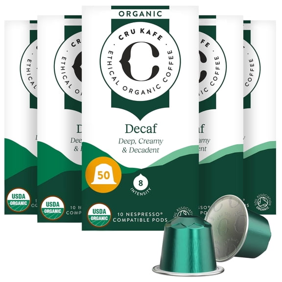 Cru Kafe Decaf USDA Organic Espresso Coffee Capsules (50 Pods) Fairtrade Coffee Pods Compatible with Nespresso Original Line and Pixie Machines