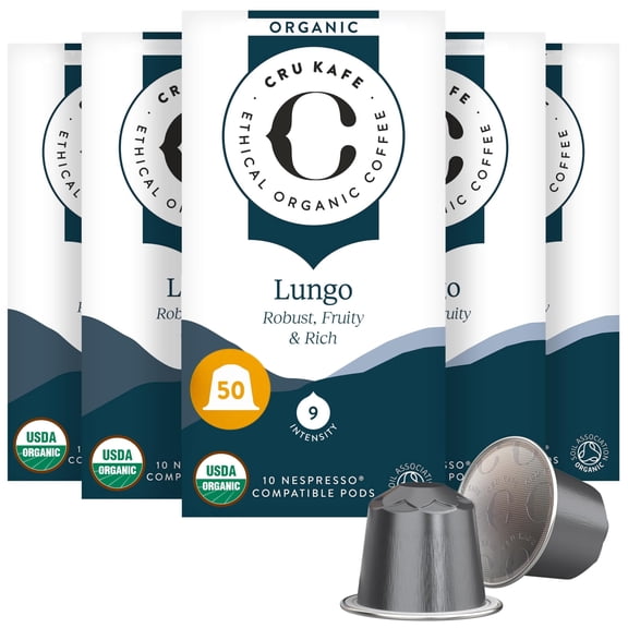 Cru Kafe Lungo Americano Strong USDA Organic Espresso Coffee Capsules (50 Pods) Fairtrade Coffee Pods Compatible with Nespresso Original Line and Pixie Machines
