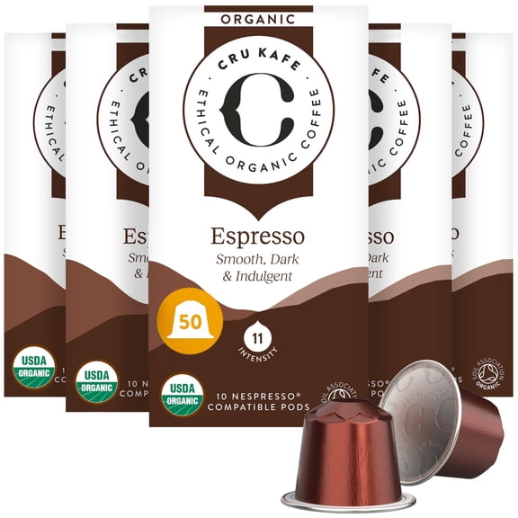 Cru Kafe Strong Espresso USDA Organic Espresso Coffee Capsules (50 Pods) Fairtrade Coffee Pods Compatible with Nespresso Original Line and Pixie Machines
