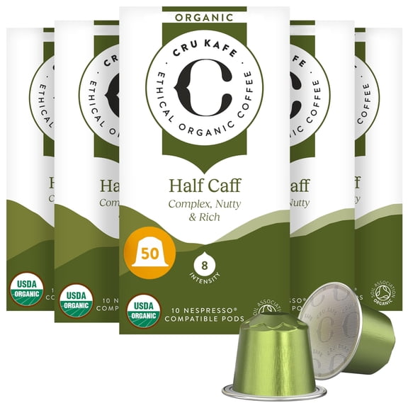 Cru Kafe USDA Organic Half Caff Espresso Coffee Capsules (50 Pods) Fairtrade Coffee Pods Compatible with Nespresso Original Line and Pixie Machines