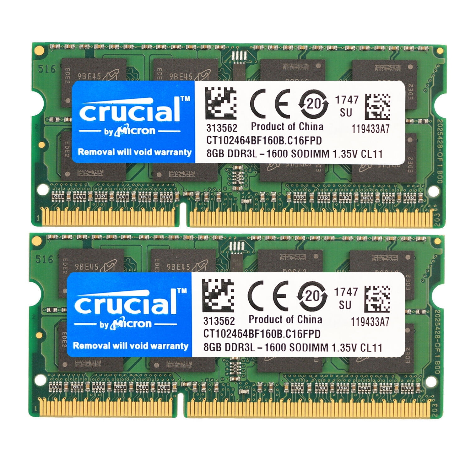 Crucial DDR3L 16GB 1600 2x 8GB PC3-12800 Laptop SODIMM Memory RAM PC3 ...