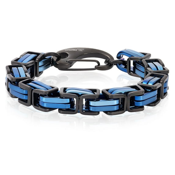 Crucible Jewelry Men's Black and Blue Plated Stainless Steel Byzantine Chain Bracelet (11mm) - 10"