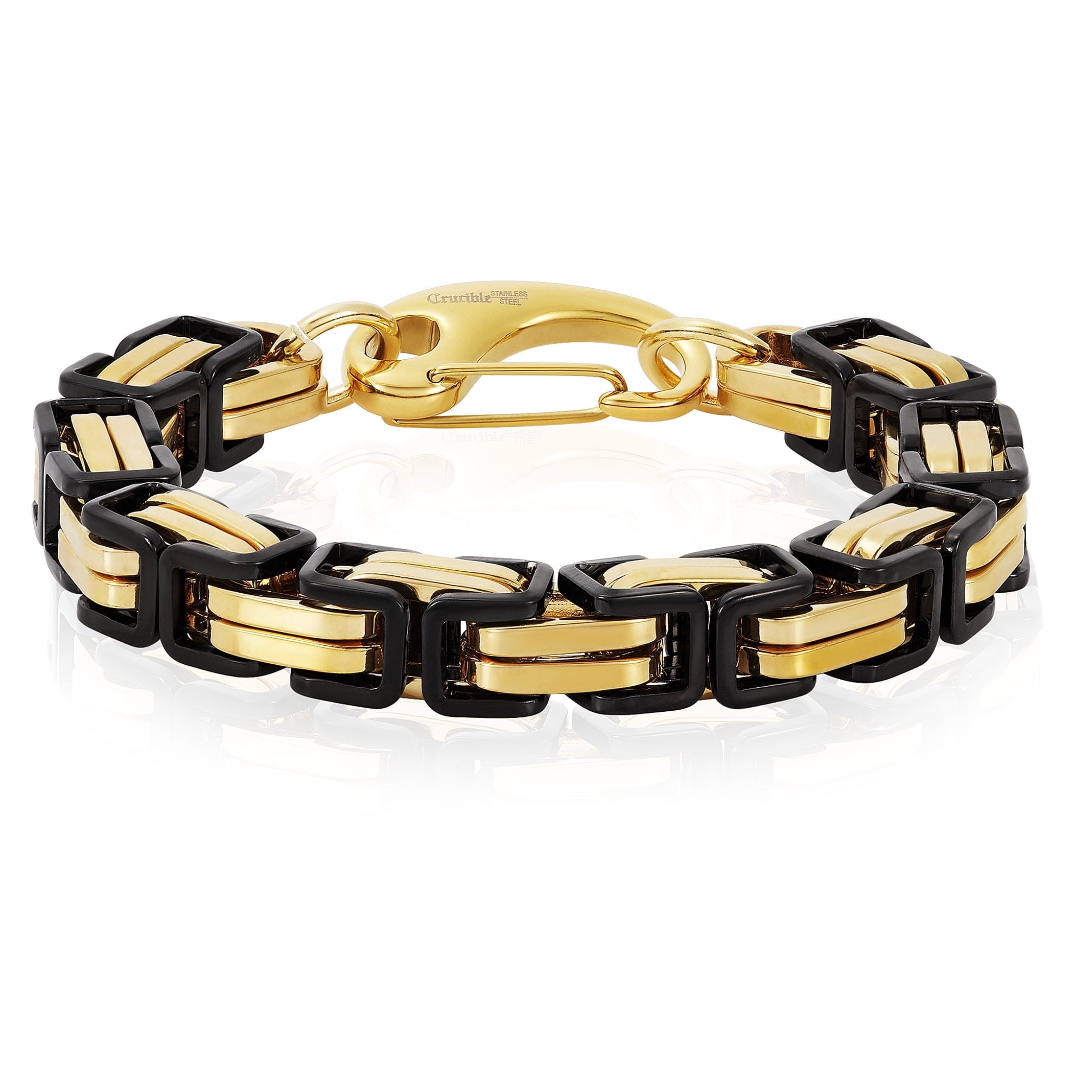 Crucible Jewelry Men's Black and Gold Plated Stainless Steel Byzantine Chain Bracelet (11mm) - 10"